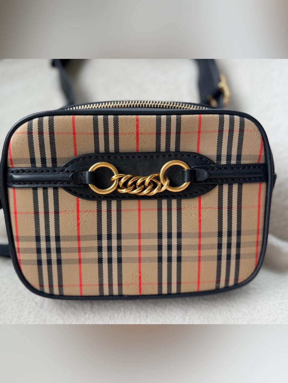 Burberry Beige Plaid Crossbody with Black Trim and Gold Hardware